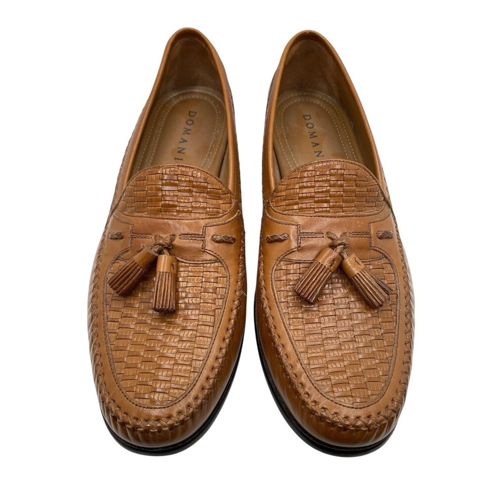 Domani Mens Brown Leather Double Tassle Basket Weave Loafers Shoes Size 11.5M